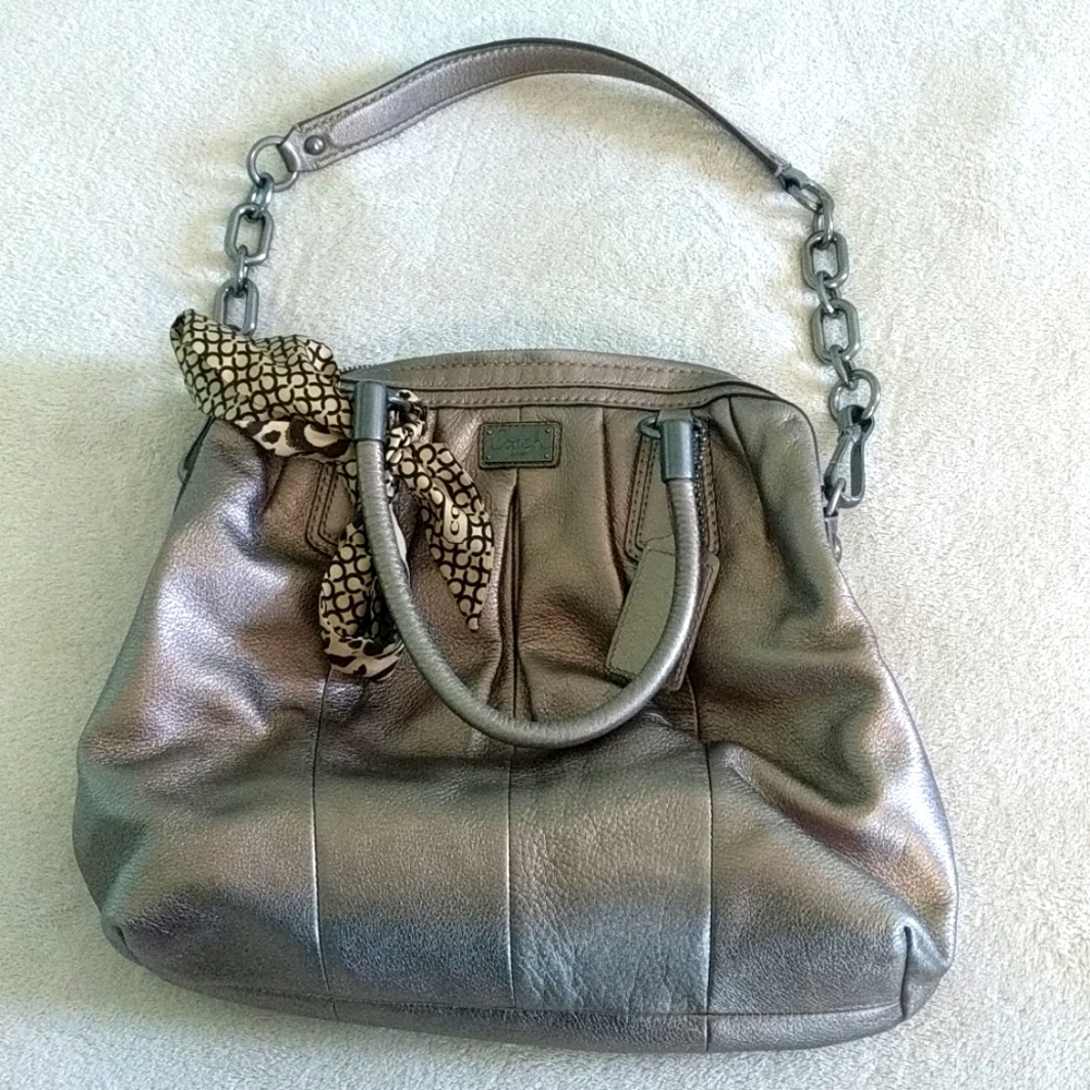 Pewter leather Coach bag + scarf. Price firm